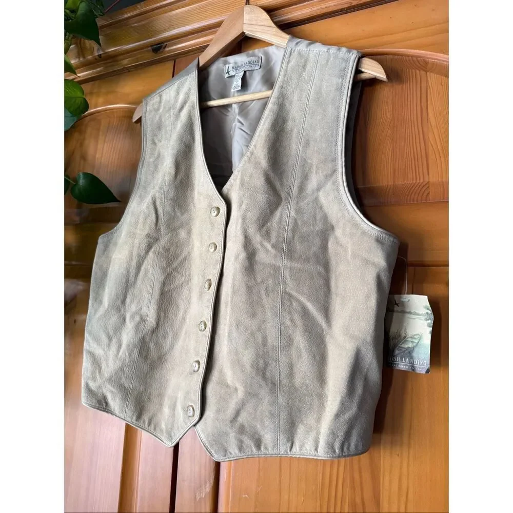 Marsh Landing Beige Leather Vest Womens Size 0 Button Front
